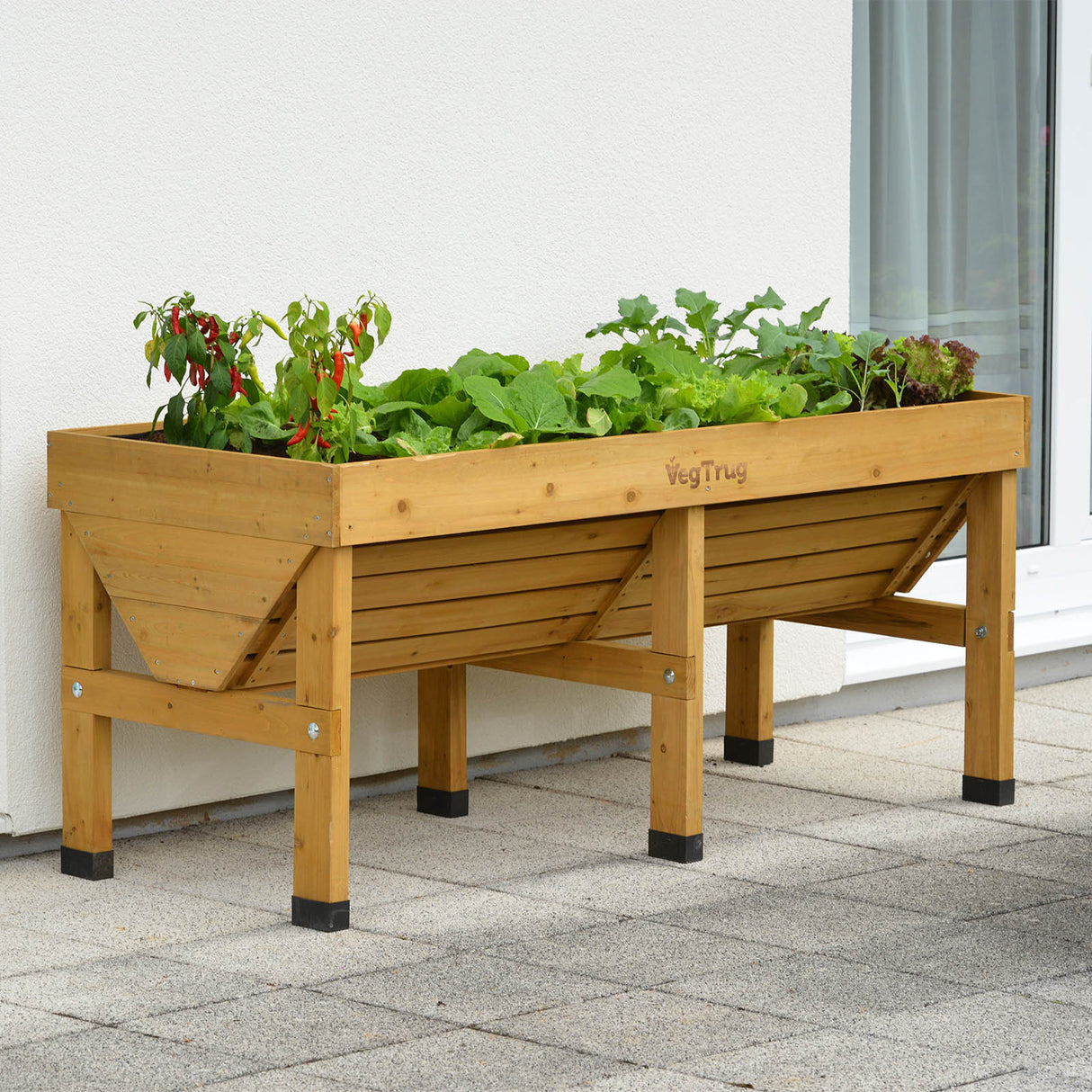 Voll bepflanztes 1,8 m VegTrug Hochbeet mit einer großen Auswahl an Gemüse und Kräutern auf der Terrasse