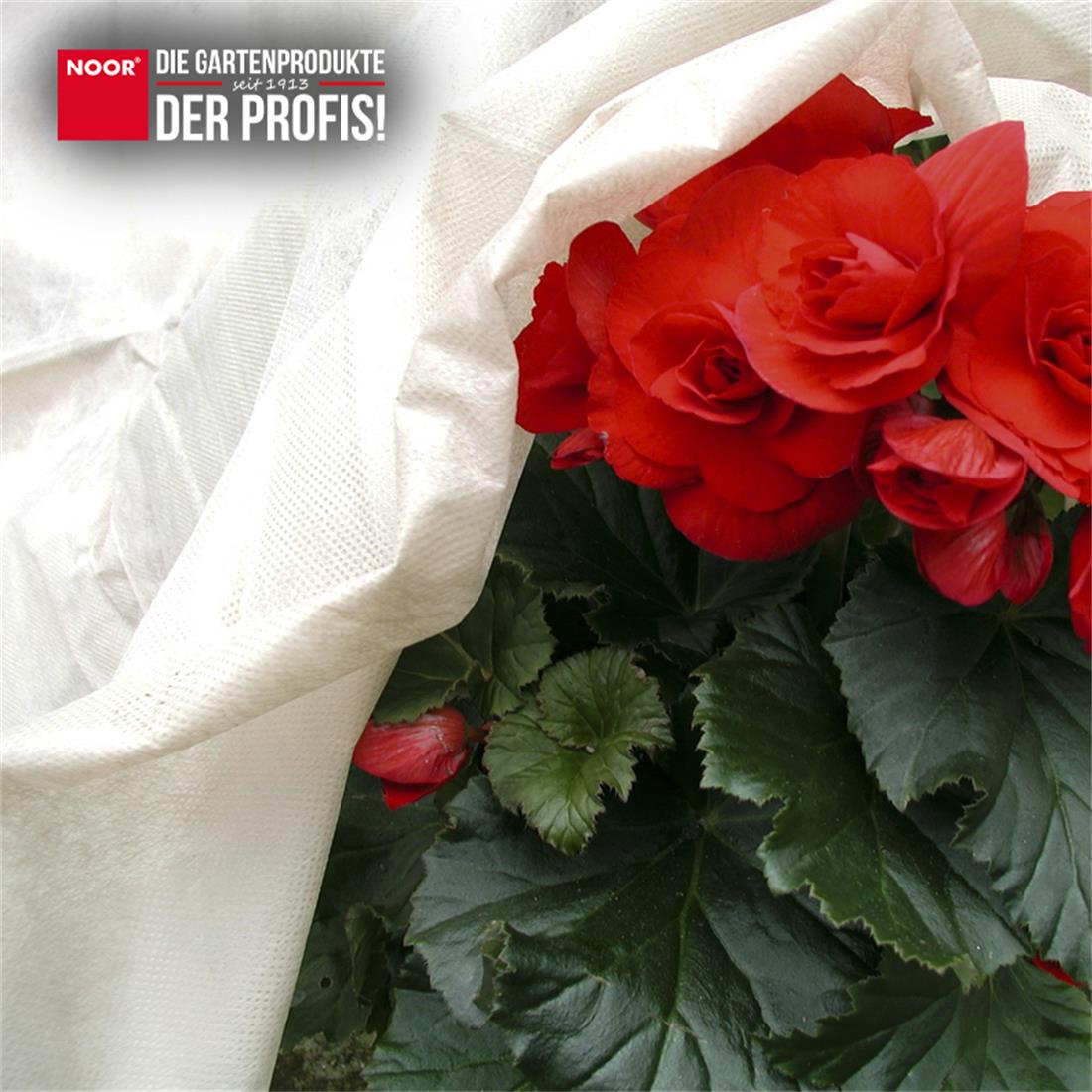 Nahaufnahme der atmungsaktiven Vliesstruktur der Rosenhaube zum Schutz vor Frost und Pilzbefall