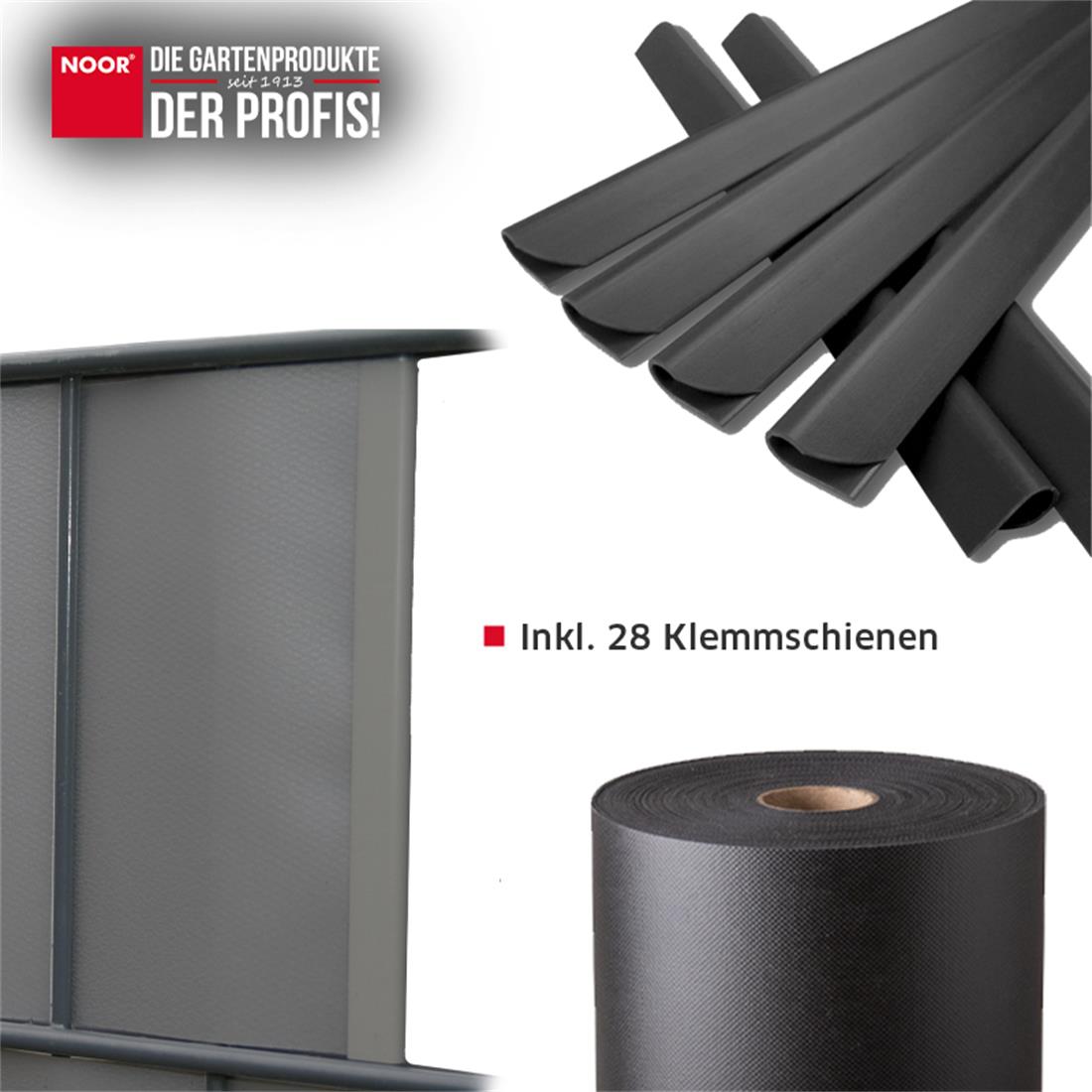 Sichtschutzstreifen mit passenden Klemmschienen zur einfachen und werkzeuglosen Befestigung am Zaun