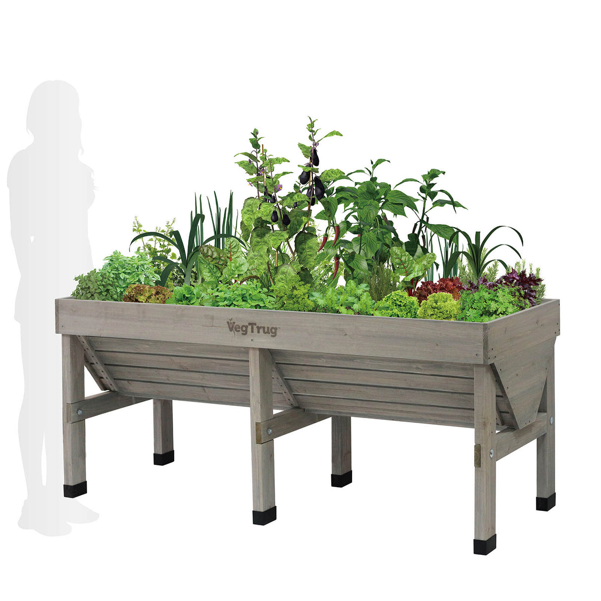 Voll bepflanztes 1,8 m VegTrug Hochbeet mit einer großen Auswahl an Gemüse und Kräutern auf der Terrasse