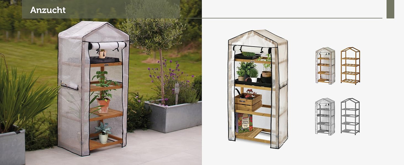 Mobiles VegTrug Anzuchtregal aus Holz mit vier Etagen und schützender Gewächshaushaube zur Anzucht von Setzlingen auf Terrasse und Balkon