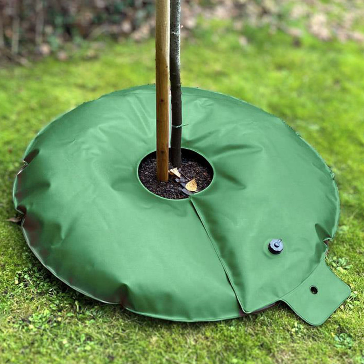 Dunkelgrüner, ringförmiger FROGBAG Donut Bewässerungssack aus schwerem PVC flach auf dem Boden liegend.