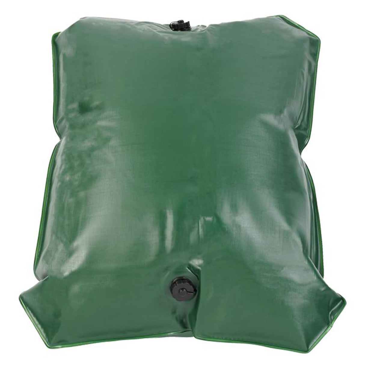 Gefüllter grüner FROGBAG ToGo Wasserbeutel mit Schraubverschluss auf einer schwarzen Antirutschmatte liegend.