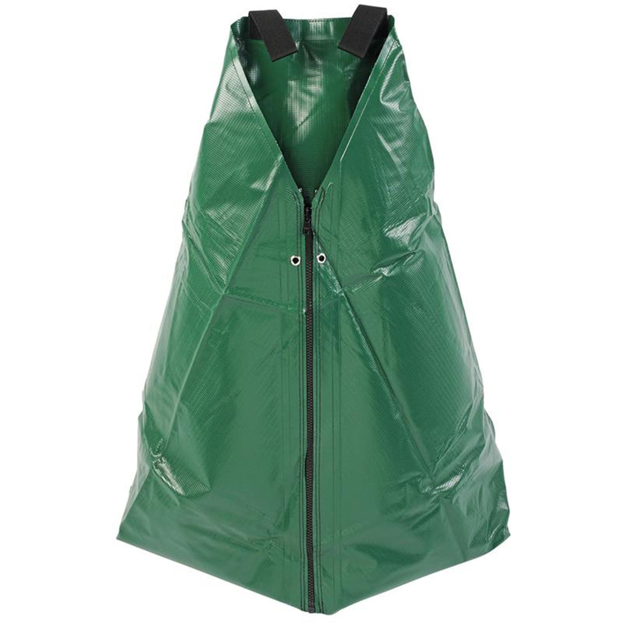 Hellgrüner FROGBAG Pro Bewässerungssack aus schwerem PVC am Baumstamm mit sichtbarem YKK-Reißverschluss.