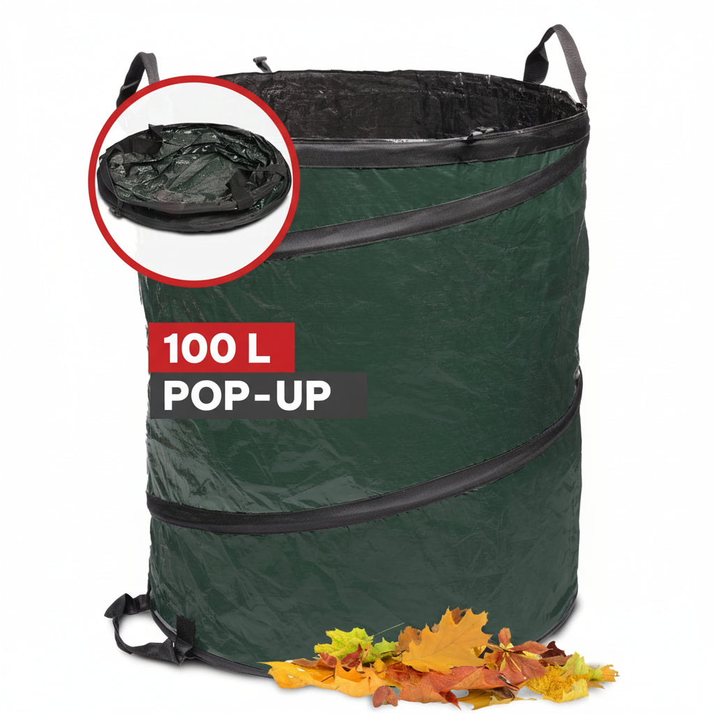 Selbststehender NOOR Pop-up Gartensack in Grün (PP/PE) mit verstärkten Griffen für die einfache Gartenarbeit.