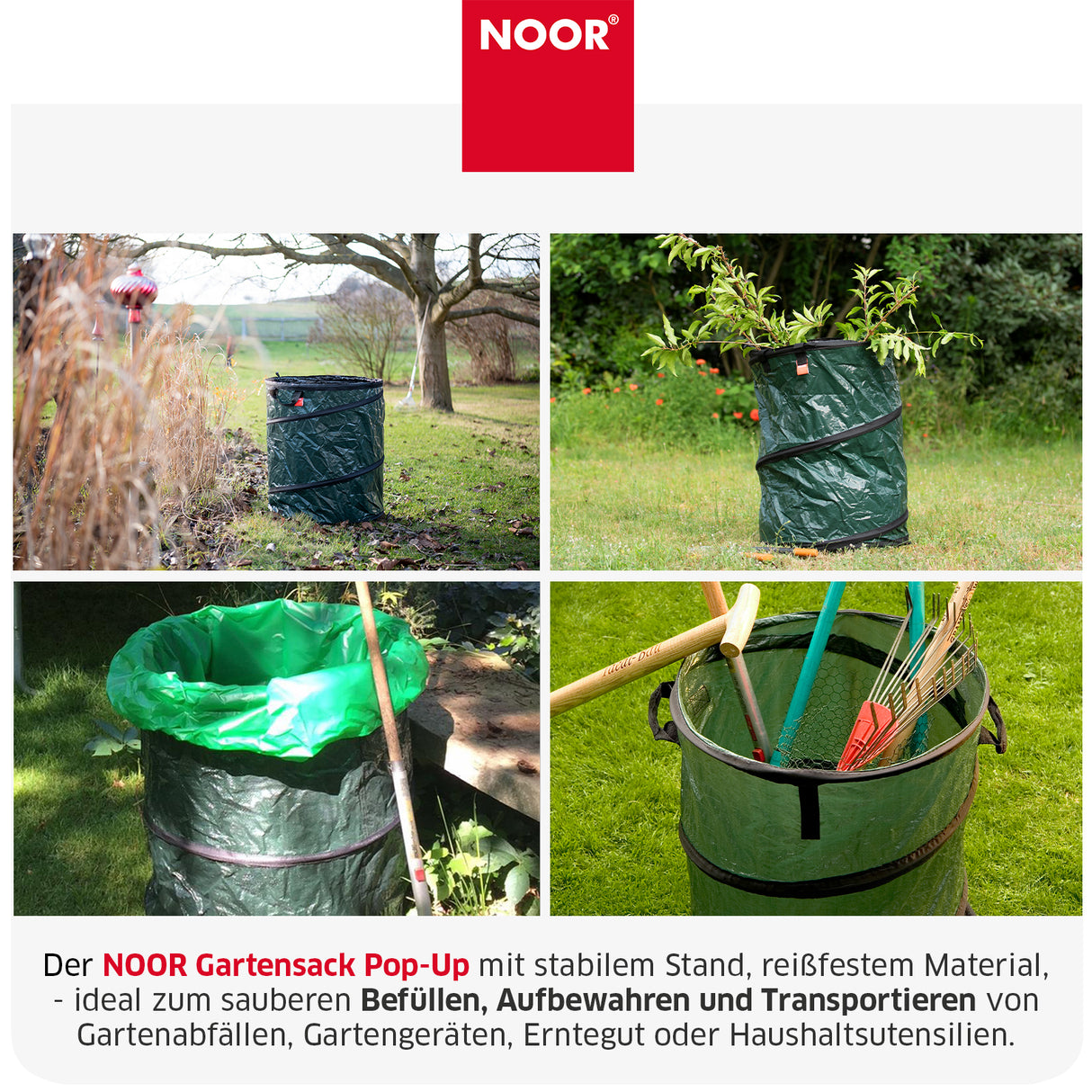 Befüllen des stabilen Gartensacks mit Grasschnitt und Herbstlaub dank praktischer Selbststeh-Funktion