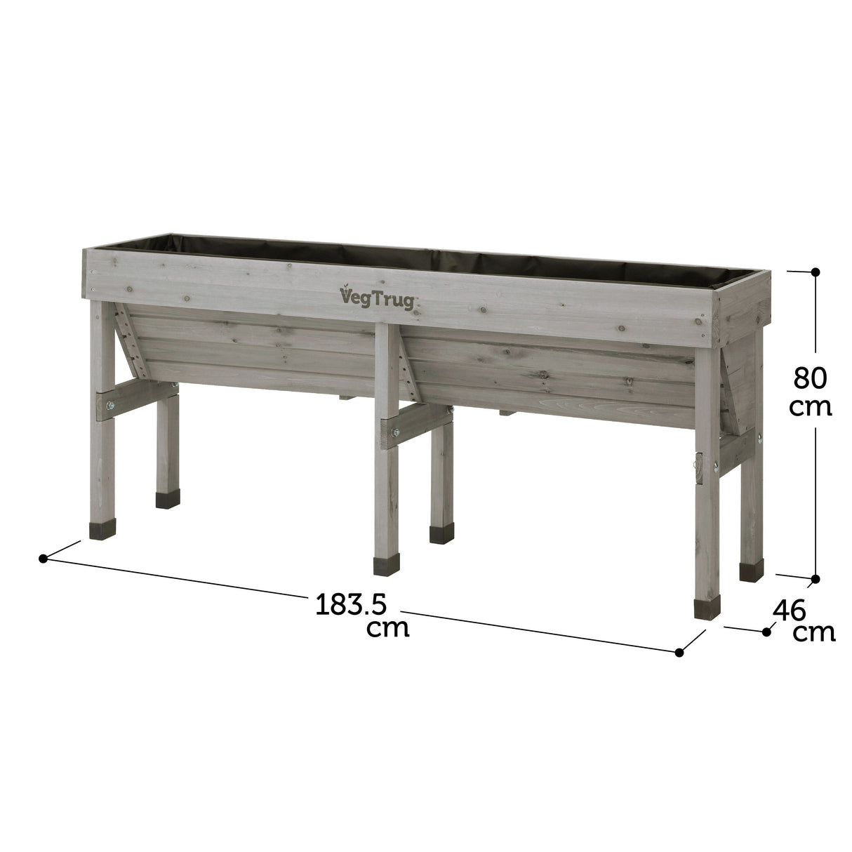 Maße des VegTrug WallHugger 1,8 m – Platzsparendes Hochbeet aus Zedernholz mit flacher Rückseite für die Wandaufstellung