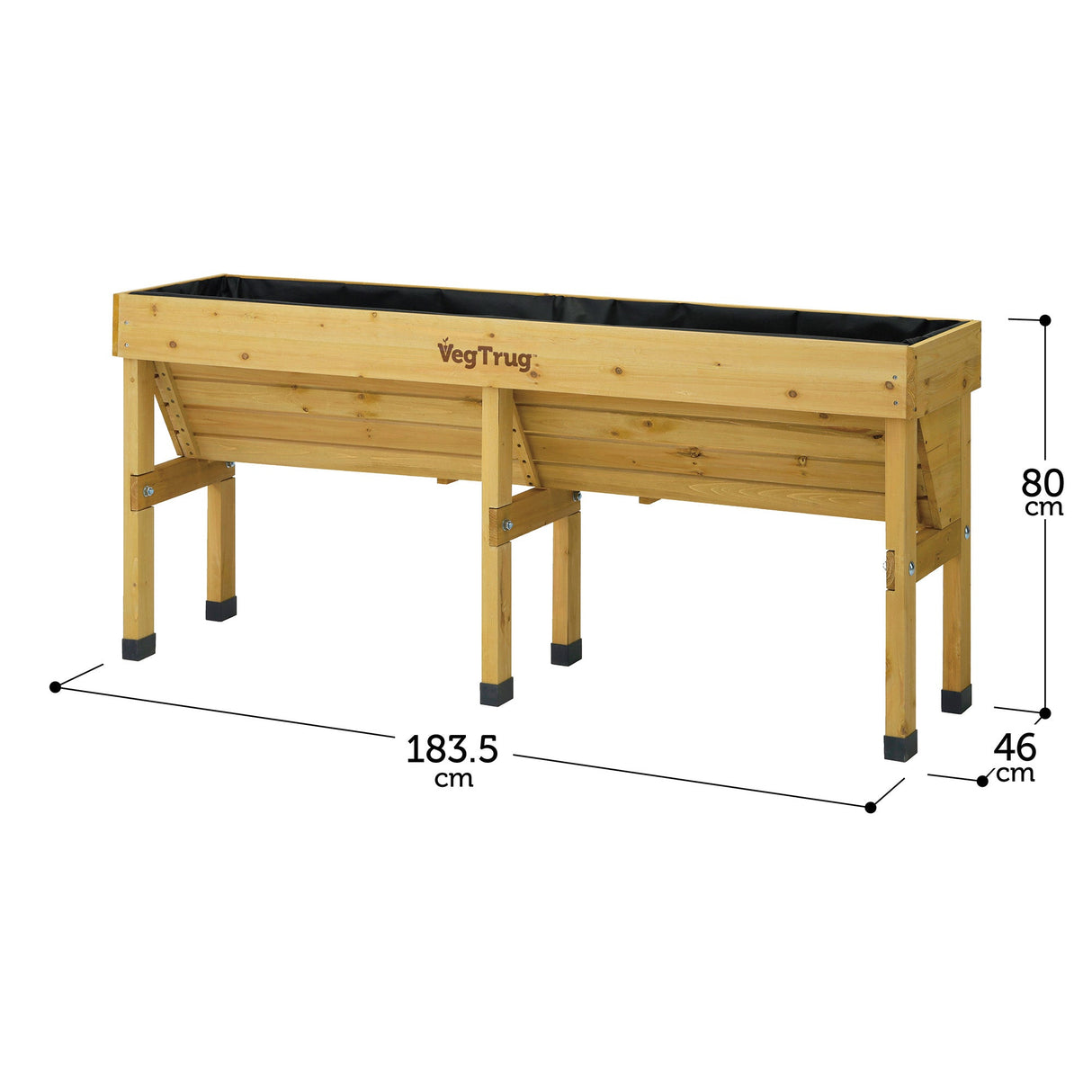 Maße des VegTrug WallHugger 1,8 m – Platzsparendes Hochbeet aus Zedernholz mit flacher Rückseite für die Wandaufstellung