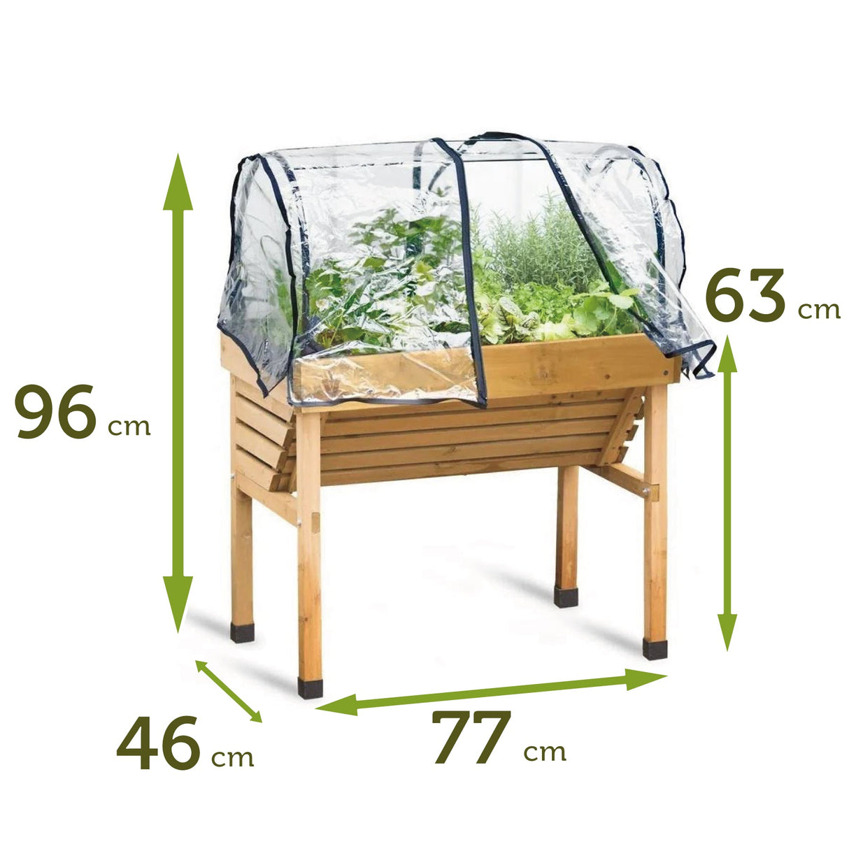 Maße des Komplettsets VegTrug WallHugger S mit 1 m Hochbeet aus Zedernholz und passendem Treibhaus-Aufsatz