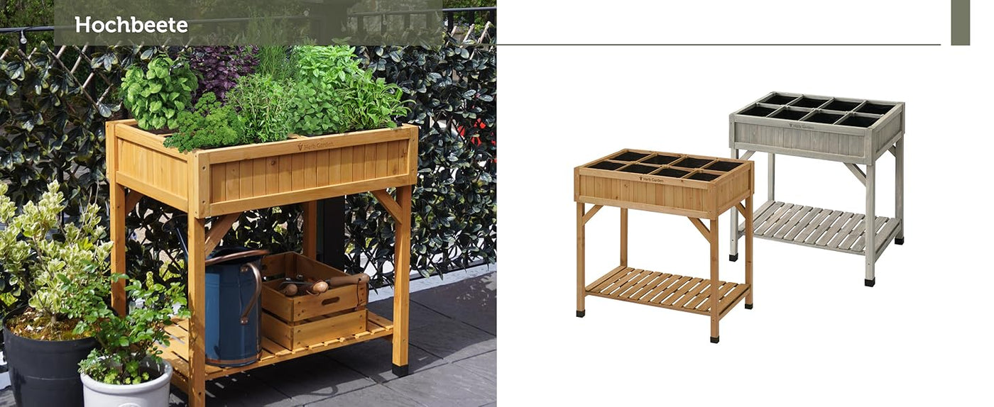 Übersicht verschiedener VegTrug Kräuter-Hochbeete aus Holz in den Farben Natur und Grau mit unterer Ablagefläche für Balkon und Terrasse
