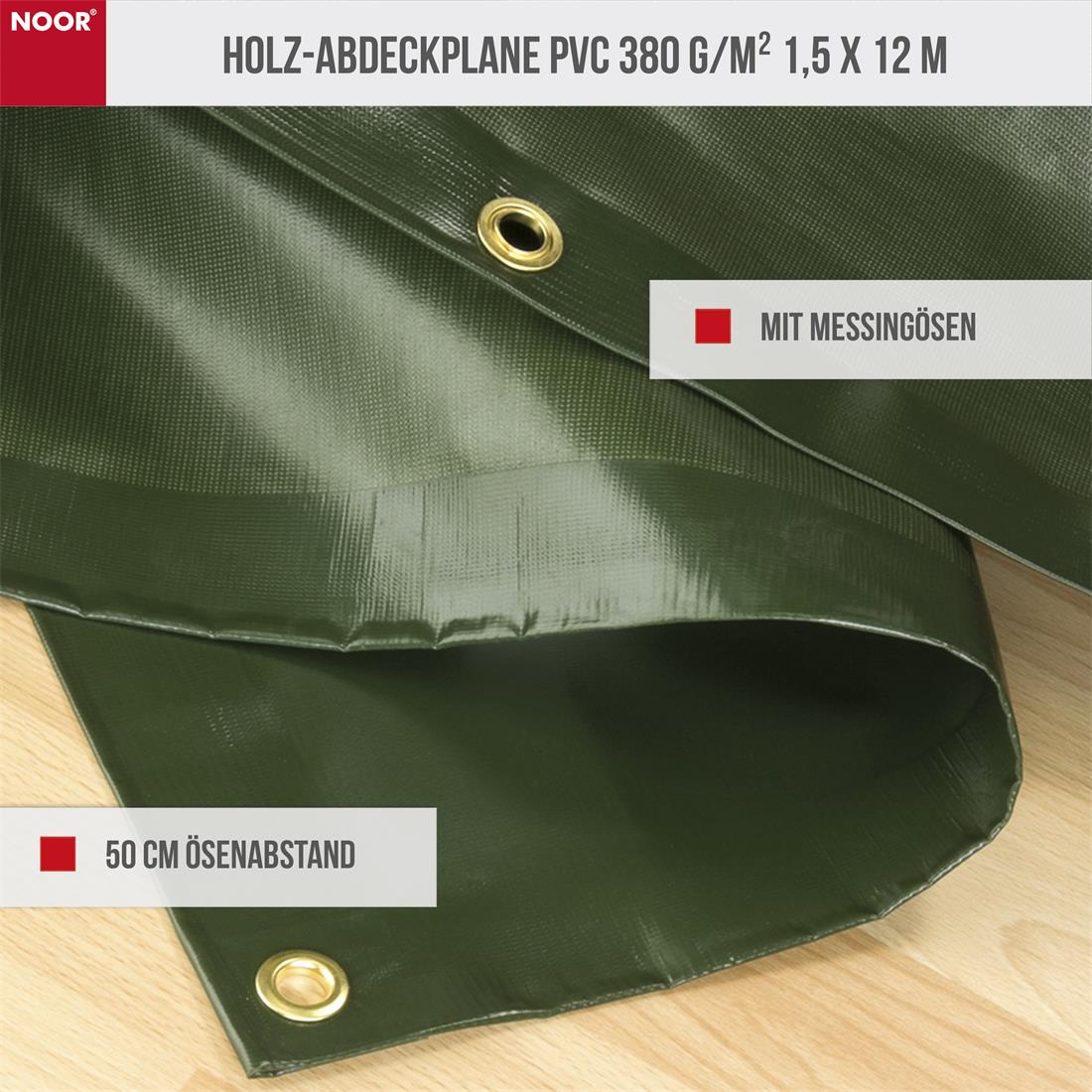 Schwere Holz-Abdeckplane aus PVC in 380 g/m² Qualität für die Brennholzlagerung im Freien