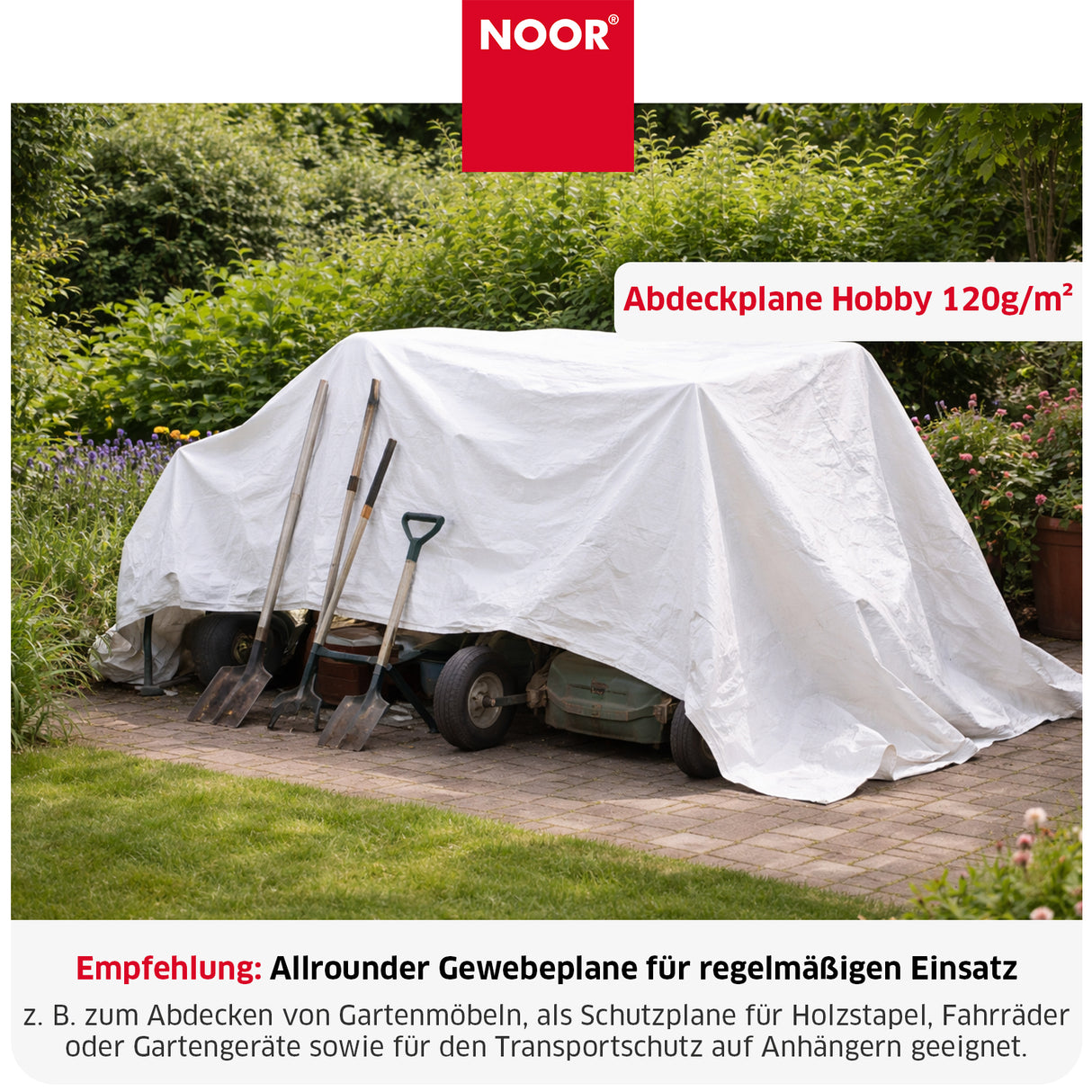 Abdeckplane HOBBY im Einsatz zum Schutz von Gartengeräten oder Fahrrädern vor Staub, Regen und Verschmutzung