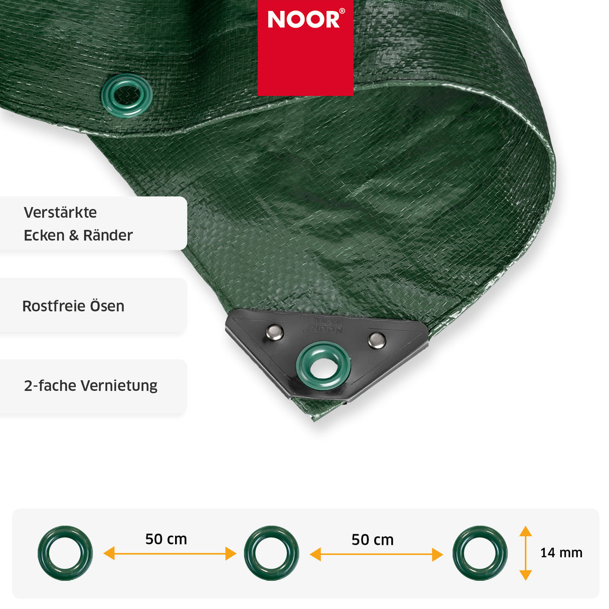 Verstärkter Rand mit rundum eingearbeiteter Spannschnur und stabilen, rostfreien Metall-Ösen im 50 cm Abstand