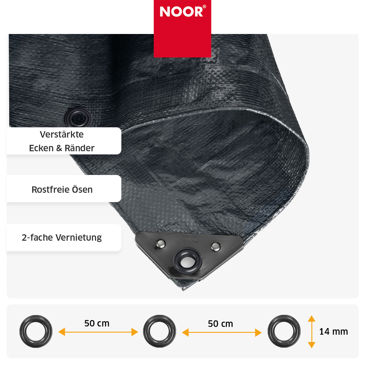 Rostfreie Metall-Ösen am verstärkten Rand der PROFI-Abdeckplane zur einfachen und sicheren Befestigung