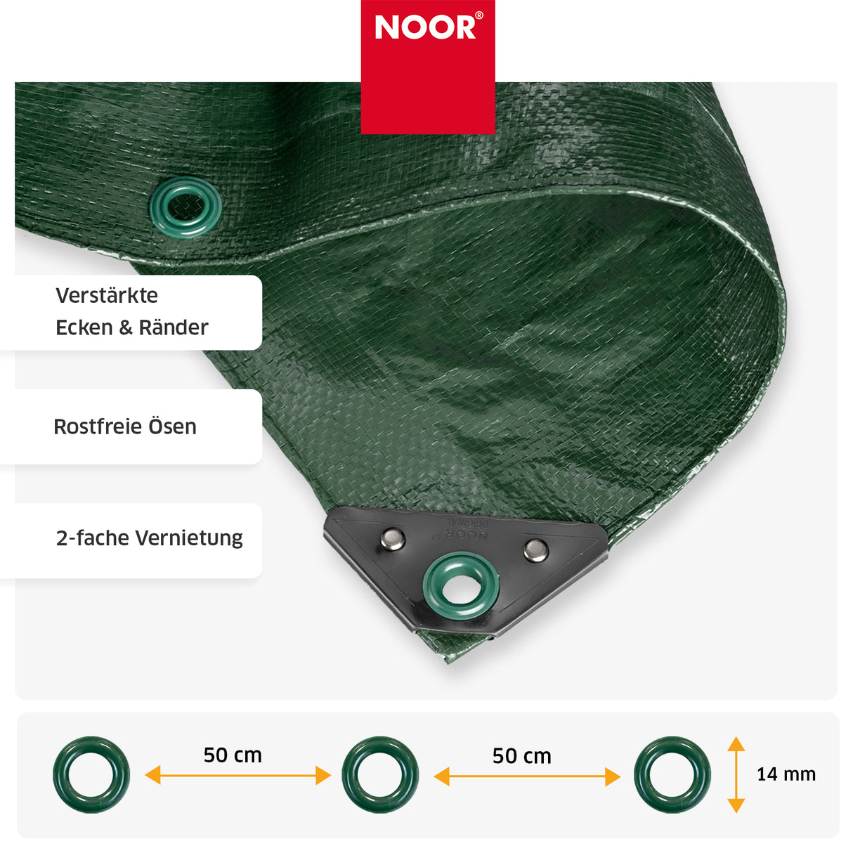 Stabile, rostfreie Metall-Ösen am verstärkten Rand der HOBBY-Gewebeplane für eine einfache Fixierung