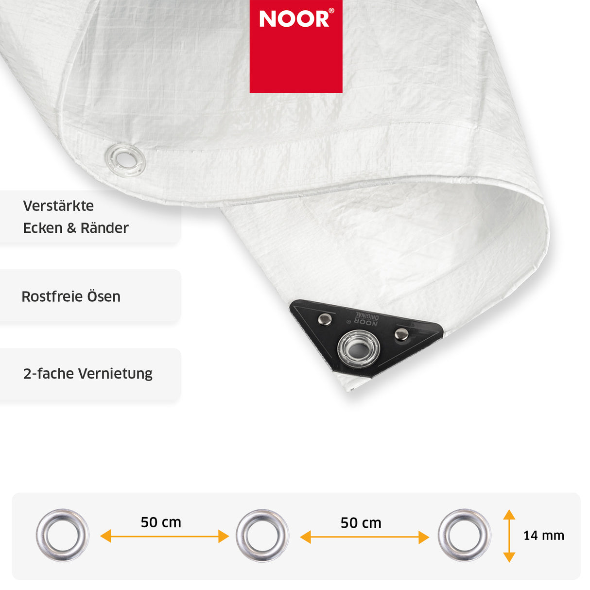 Verstärkter Rand mit rundum eingearbeiteter Spannschnur und stabilen, rostfreien Metall-Ösen im 50 cm Abstand