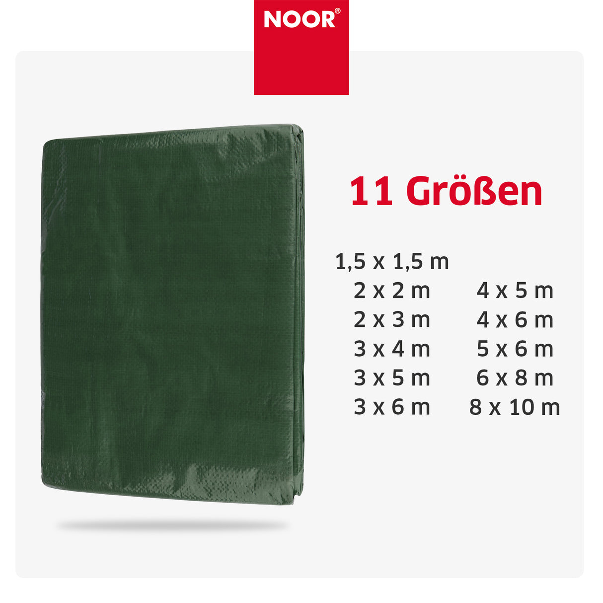 Präsentation der 11 verfügbaren Formate der Abdeckplane HOBBY – die ideale Mittelklasse für Heimwerker und Gärtner