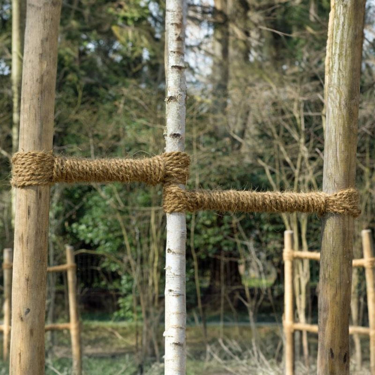 Rolle aus braunem, naturbelassenem Kokosstrick von NOOR zur rindenfreundlichen Befestigung von Bäumen und Gehölzen.