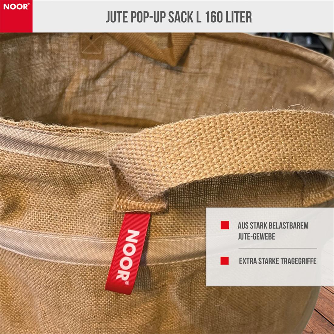 Extra verstärkte Tragegriffe und Entleerungsschlaufe am Boden des Jute Pop-Up Abfallsacks für komfortables Handling