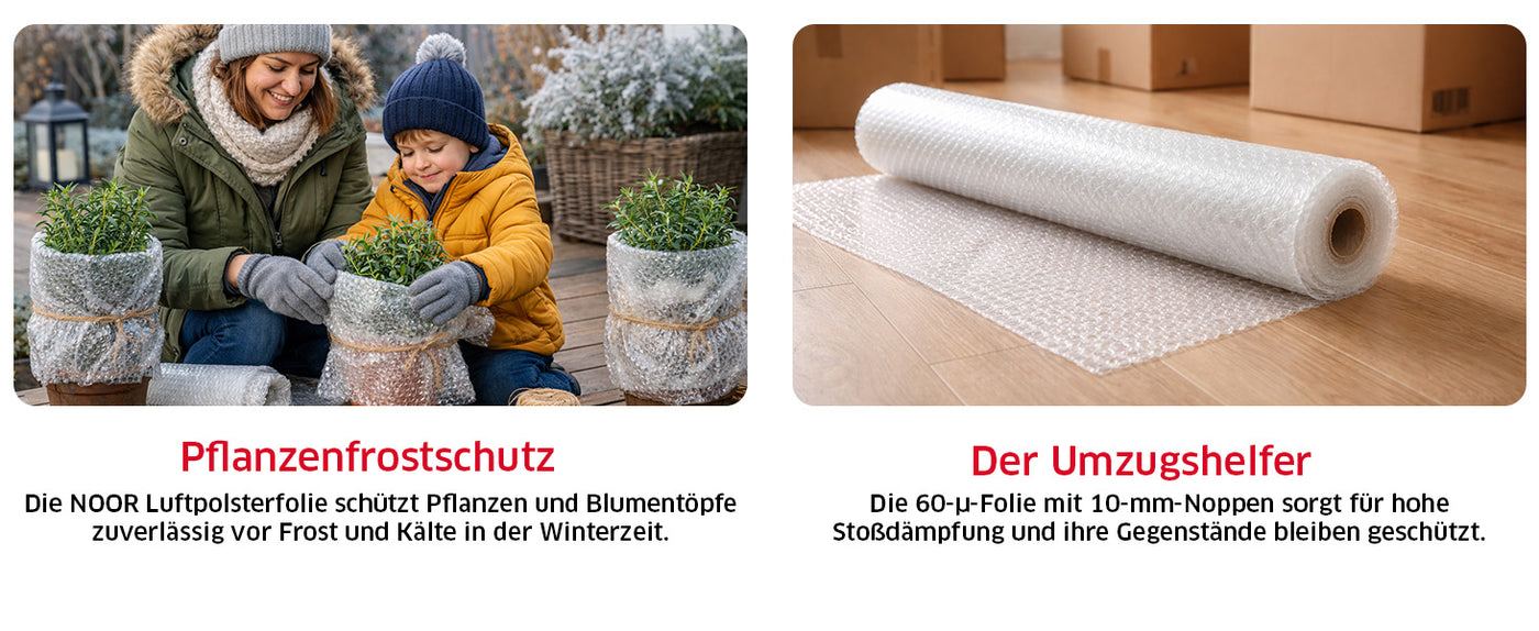 Transparente, isolierende Luftpolsterfolie für den Frostschutz von Pflanzen und Kübeln im Winter