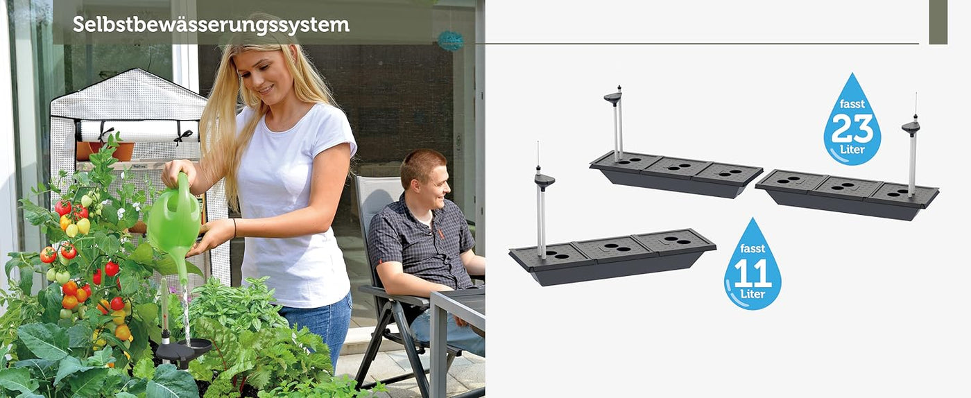 VegTrug Selbstbewässerungssystem für Hochbeete in verschiedenen Größen (11 Liter und 23 Liter) mit Wasserstandsanzeiger zur einfachen und effizienten Pflanzenbewässerung auf der Terrasse