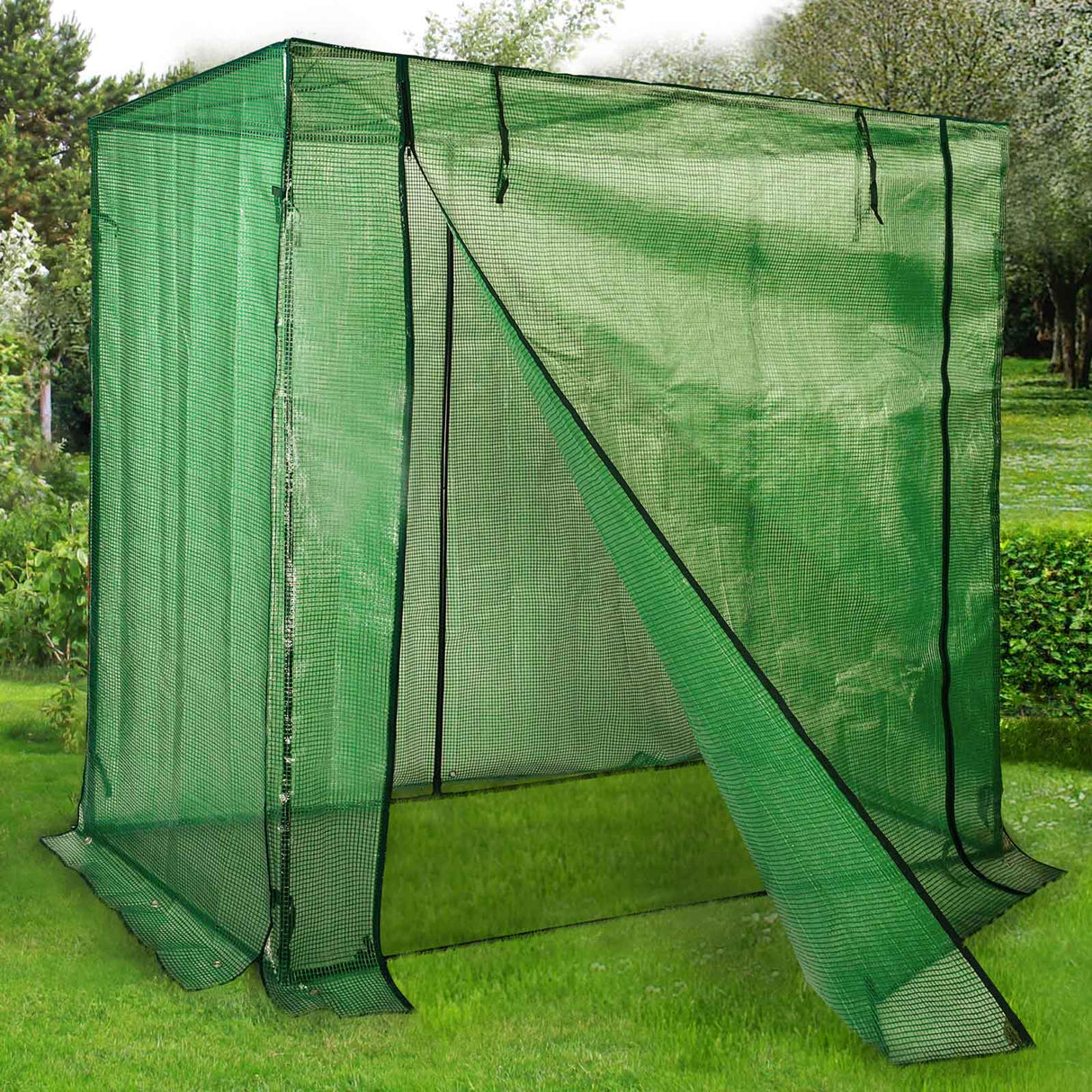 Grünes Tomaten-Gewächshaus Premium von NOOR mit verstärkter Gitterfolie und breitem Eingangsbereich für den Garten.