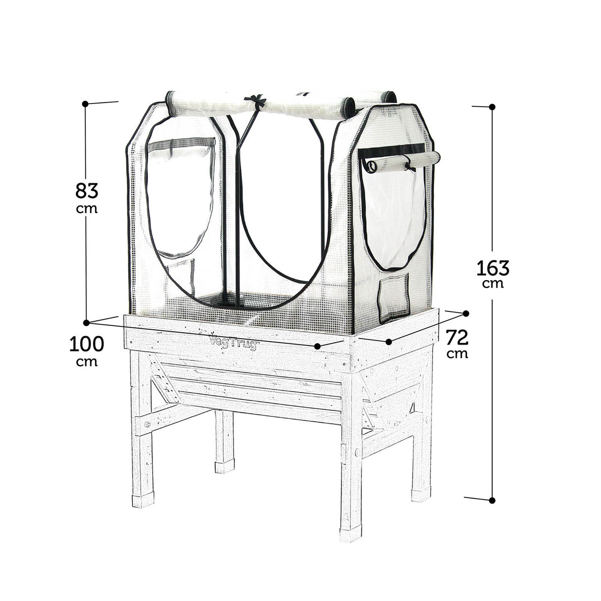 Maße des Stabilen VegTrug Gewächshausaufsatz mit Metallrahmen und verstärkter PE-Gitterfolie für Klassik Hochbeete