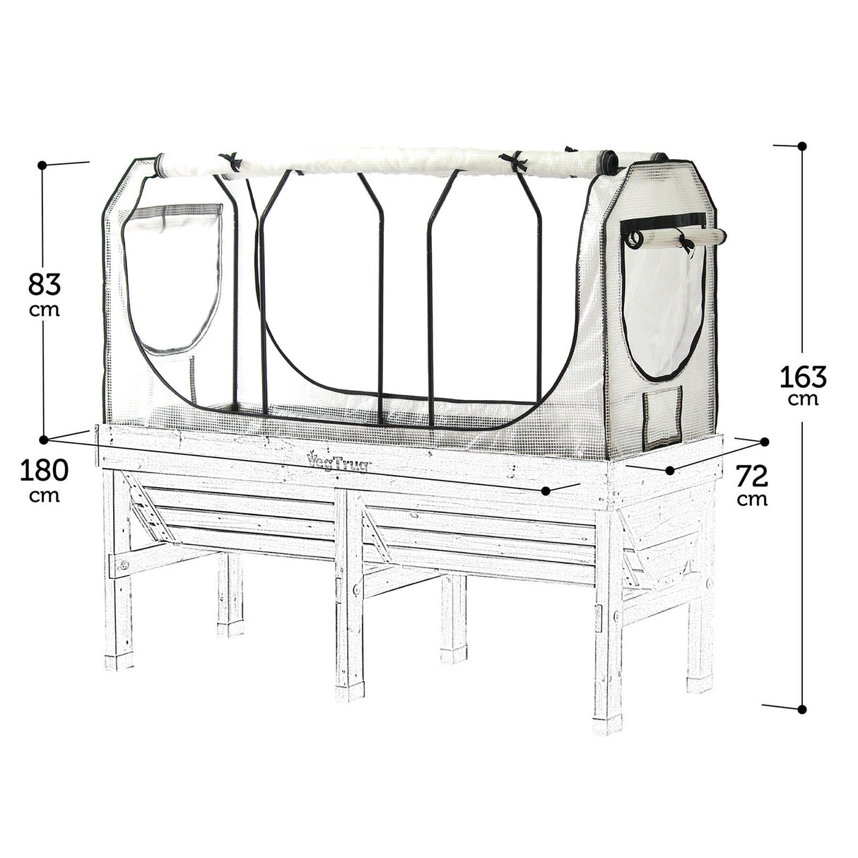 Maße des stabiles VegTrug Gewächshausaufsatz mit Metallrahmen und verstärkte PE-Gitterfolie für Klassik Hochbeete