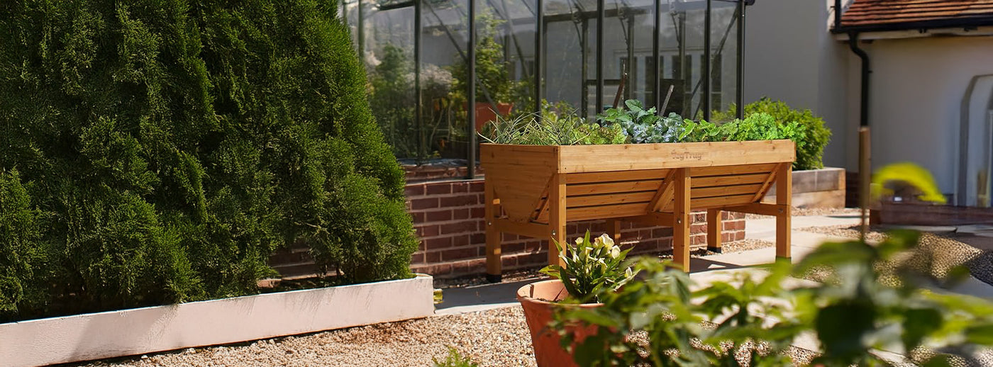 Nachhaltiges Holz-Hochbeet für Garten und Terrasse: Ideale Lösung für den Gemüseanbau auf Arbeitshöhe, platziert in einer professionellen Gartenumgebung.