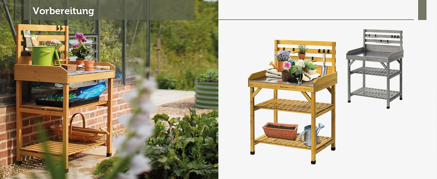 VegTrug Pflanztisch aus Holz in den Farben Natur und Grau mit verzinkter Arbeitsplatte, Ablageflächen und Hakenleiste zur ergonomischen Vorbereitung der Gartenarbeit