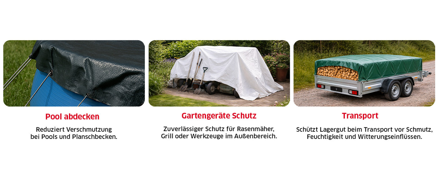 Abdeckplane SUPER im Außeneinsatz zum Schutz von Gartenmöbeln, Fahrzeugen oder Baumaterial vor Regen und UV-Strahlung