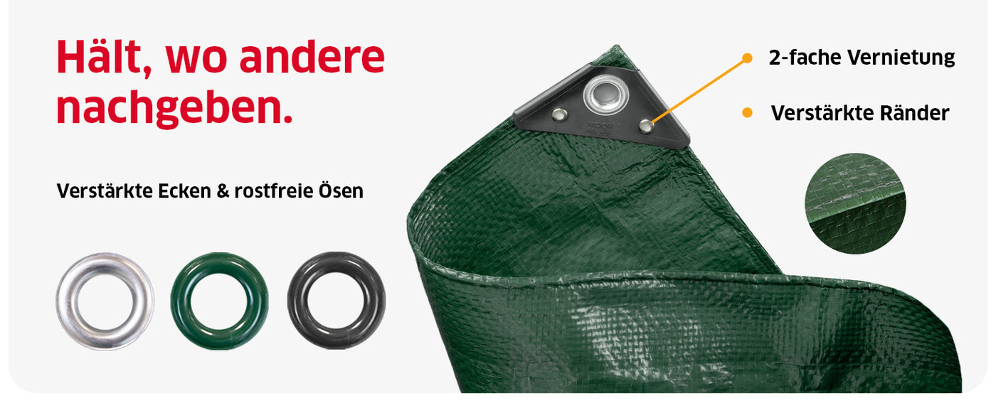 Stabile, rostfreie Metall-Ösen am verstärkten Rand der HOBBY-Gewebeplane für eine einfache Fixierung