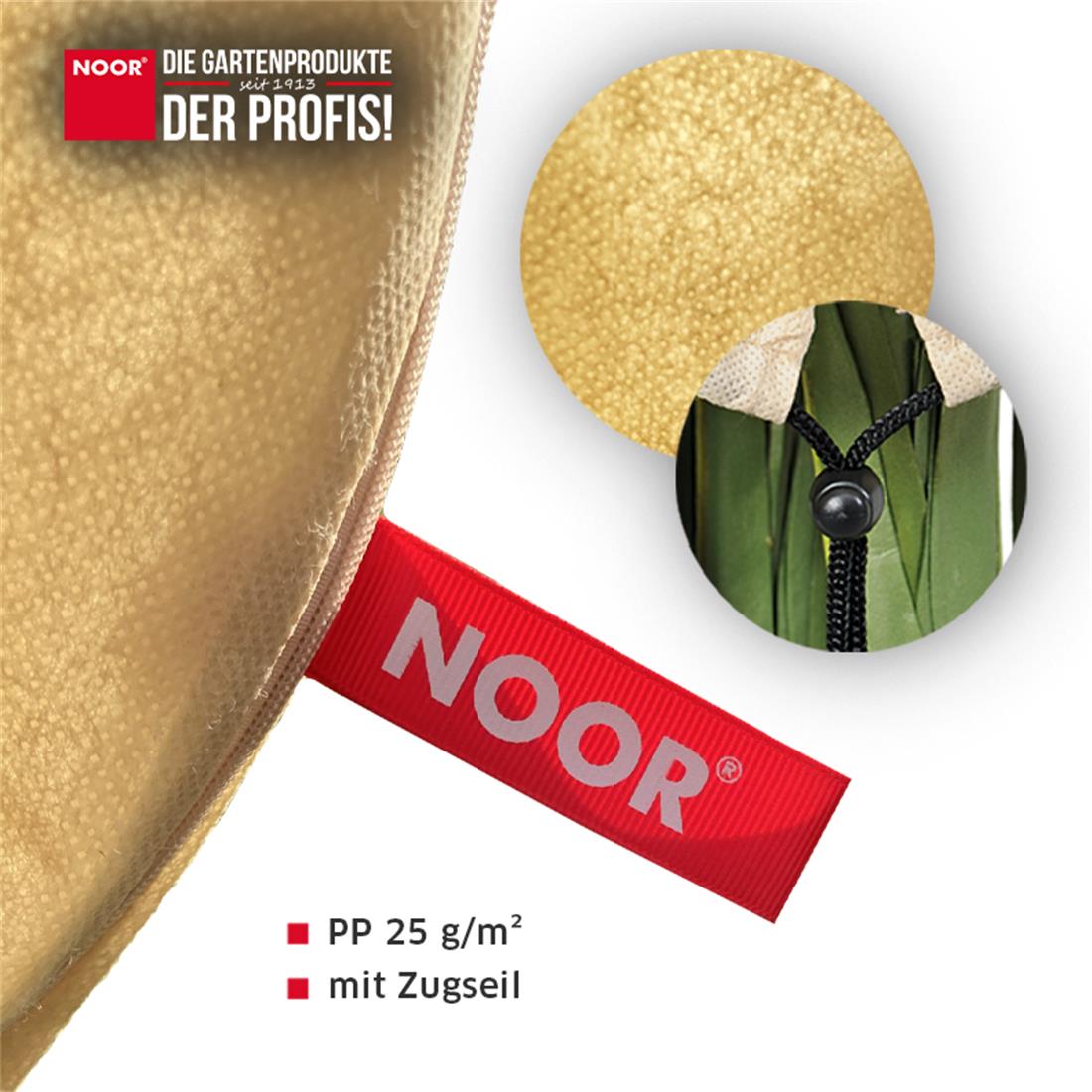 Atmungsaktive und lichtdurchlässige Struktur der beigefarbenen Pflanzenhaube zur Vermeidung von Feuchtigkeitsstau