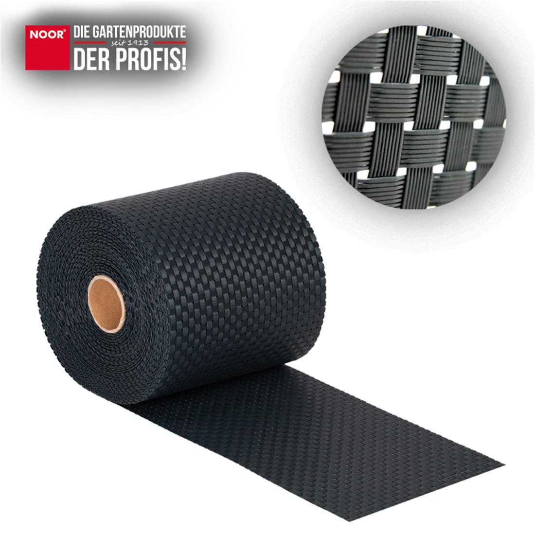 Detailaufnahme des 830g/m² starken PE-Rattan-Geflechts in moderner 3D-Optik für Gartenzäune