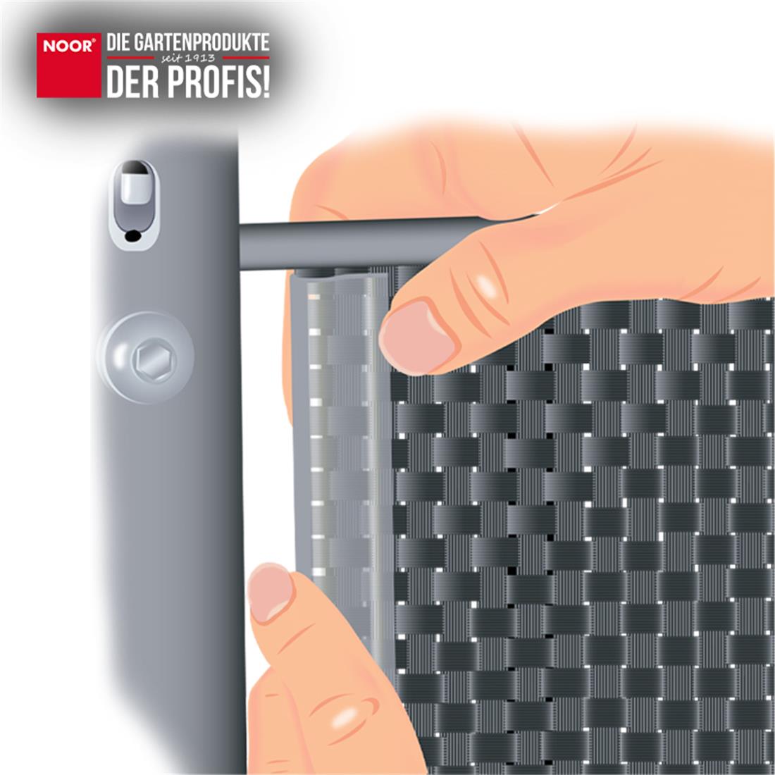 Einfaches Aufschieben der Klemmschiene auf den vertikalen Stab eines Doppelstabmattenzauns zur Fixierung der Zaunblende