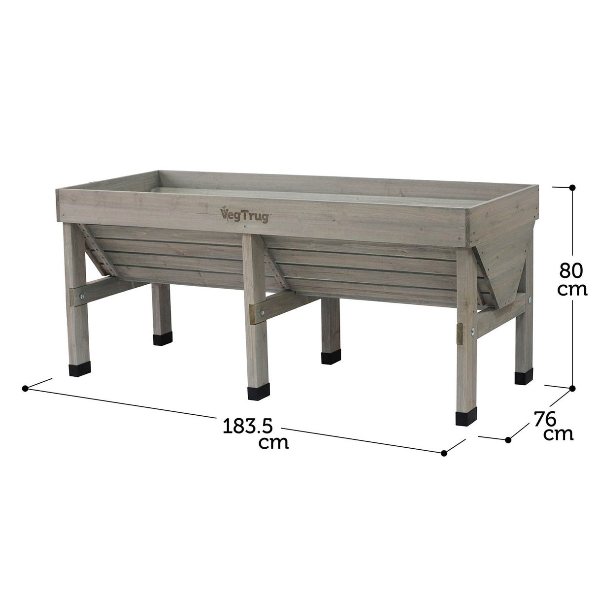 Maße des großen VegTrug Klassik Hochbeetes 1,8 m aus FSC-Zedernholz in der markanten V-Form für den Garten