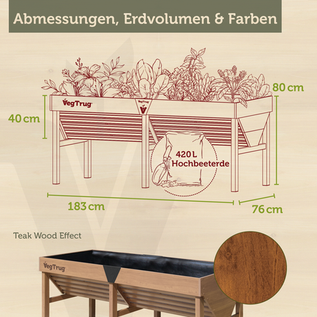 VegTrug® Aluminium Hochbeet 1,8 m in Teak-Optik