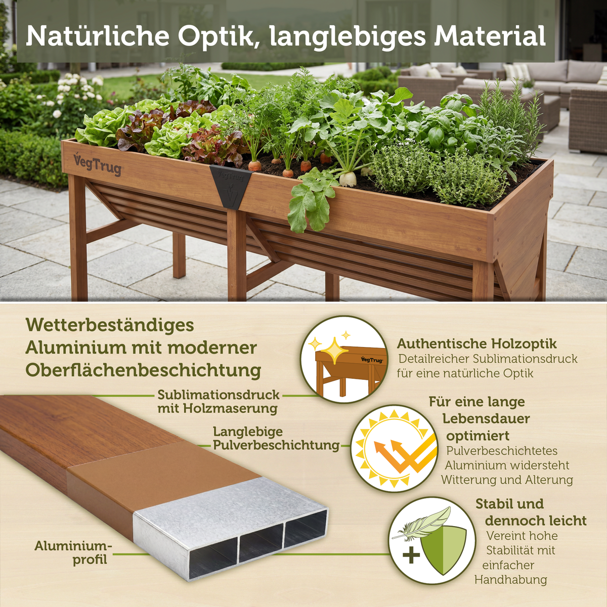 VegTrug® Aluminium Hochbeet 1,8 m in Teak-Optik
