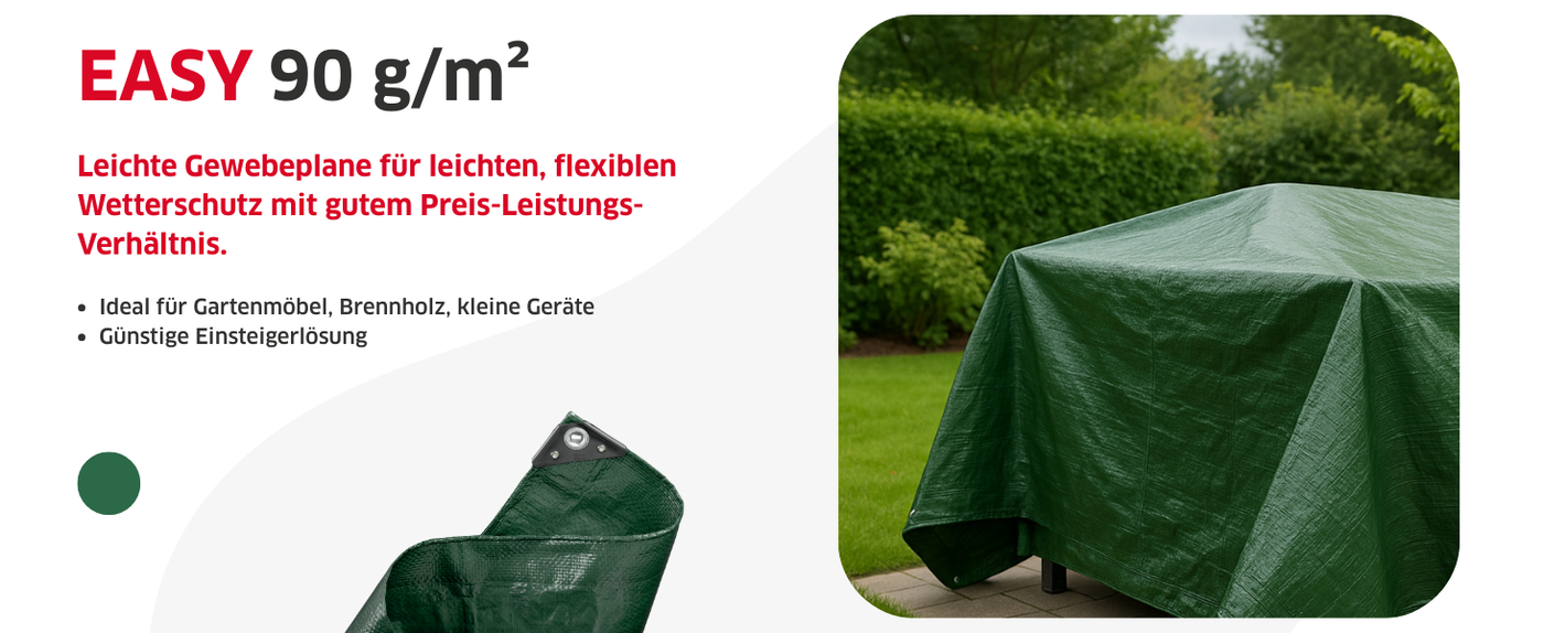 Leichte Abdeckplane EASY 90 g/m² in Dunkelgrün, erhältlich in 6 praktischen Größen für Haus und Garten