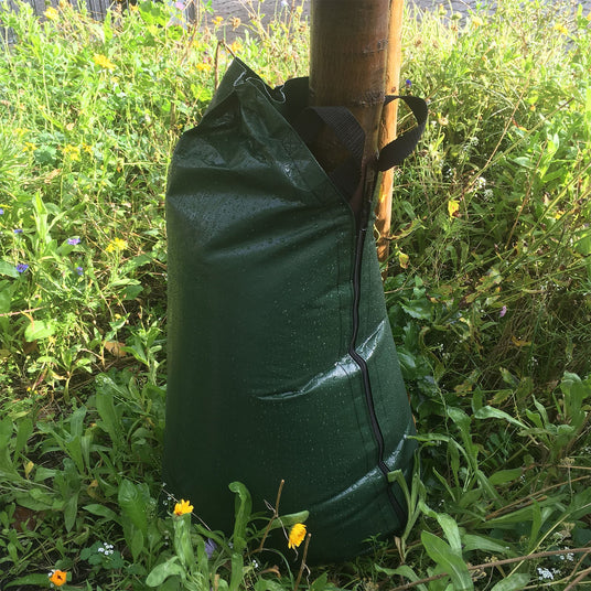 Dunkelgrüner FROGBAG Bewässerungssack aus robustem Planengewebe am Baumstamm zur effizienten Tröpfchenbewässerung in Anwendung