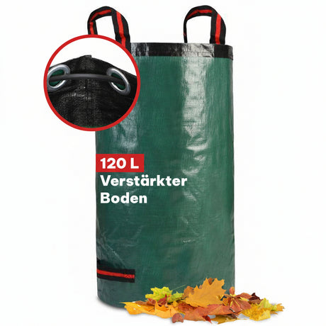 Stabiler grüner Gartensack Profi von NOOR aus 210 g/m² Gewebe mit Verstärkungsring und Entleerungsgriffen.