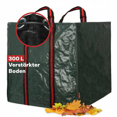 Stabiler grüner Gartensack Profi von NOOR aus 210 g/m² Gewebe mit Verstärkungsring und Entleerungsgriffen.