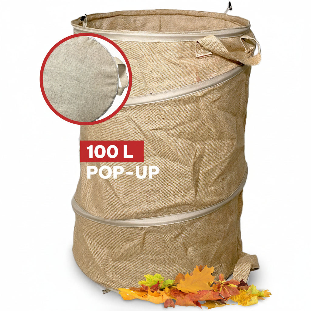 Selbststehender NOOR Pop-up Gartensack in Braun (Jute) mit verstärkten Griffen für die einfache Gartenarbeit.