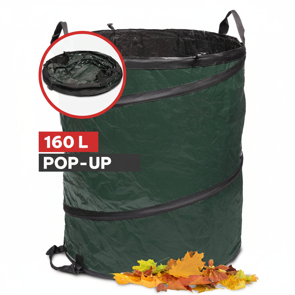 Selbststehender NOOR Pop-up Gartensack in Grün (PP/PE) mit verstärkten Griffen für die einfache Gartenarbeit.