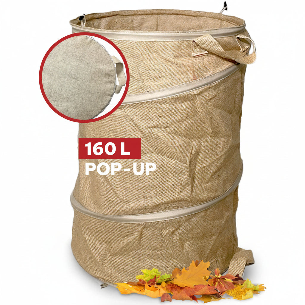 Selbststehender NOOR Pop-up Gartensack in Braun (Jute) mit verstärkten Griffen für die einfache Gartenarbeit.