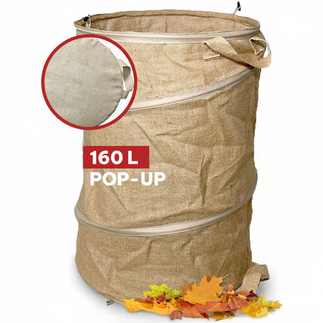Selbststehender NOOR Pop-up Gartensack in Braun (Jute) mit verstärkten Griffen für die einfache Gartenarbeit.
