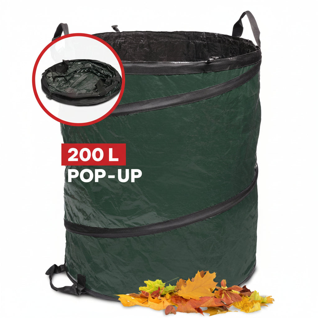 Selbststehender NOOR Pop-up Gartensack in Grün (PP/PE) mit verstärkten Griffen für die einfache Gartenarbeit.