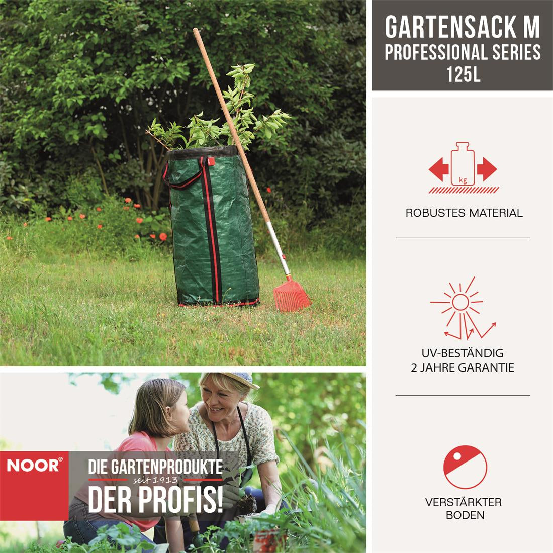 Selbststehender Profi-Gartensack im Einsatz beim Entsorgen von dornigem Heckenschnitt und Ästen