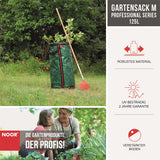 Selbststehender Profi-Gartensack im Einsatz beim Entsorgen von dornigem Heckenschnitt und Ästen