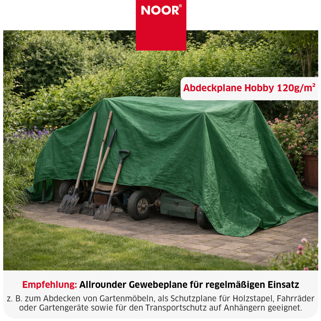 Abdeckplane HOBBY im Einsatz zum Schutz von Gartengeräten oder Fahrrädern vor Staub, Regen und Verschmutzung